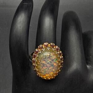 Vintage Faux Opal Cocktail Ring Purple Rhinestones Gold Tone Size 7
